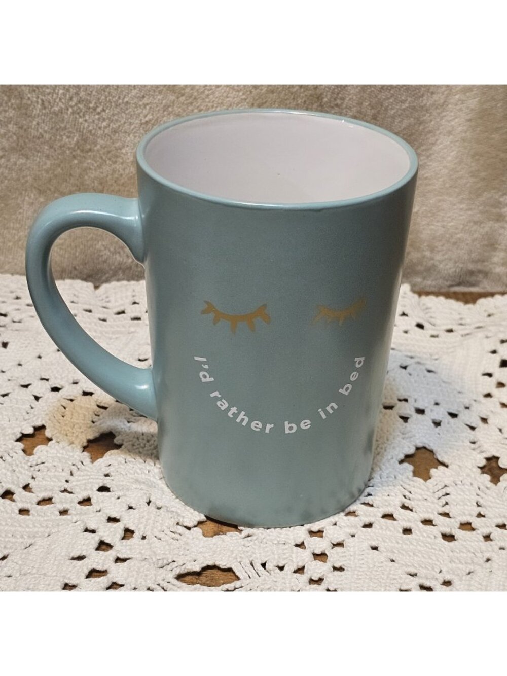 "I'D RATHER BE IN BED" By Ayesha Curry Teal Art Deco Print Coffee /Tea Cup